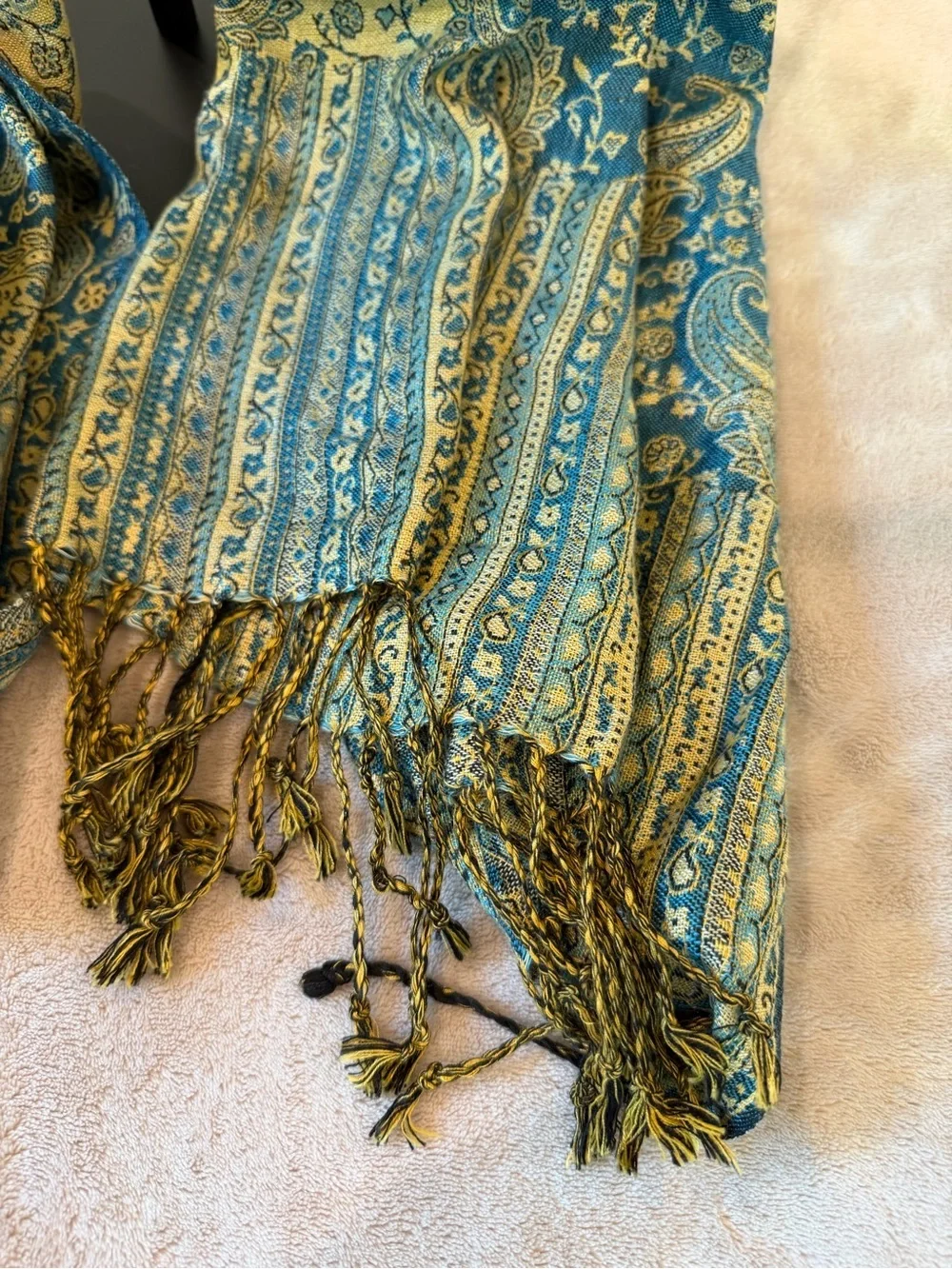 Teal and Gold Paisley Decorative Scarf with Tassels
